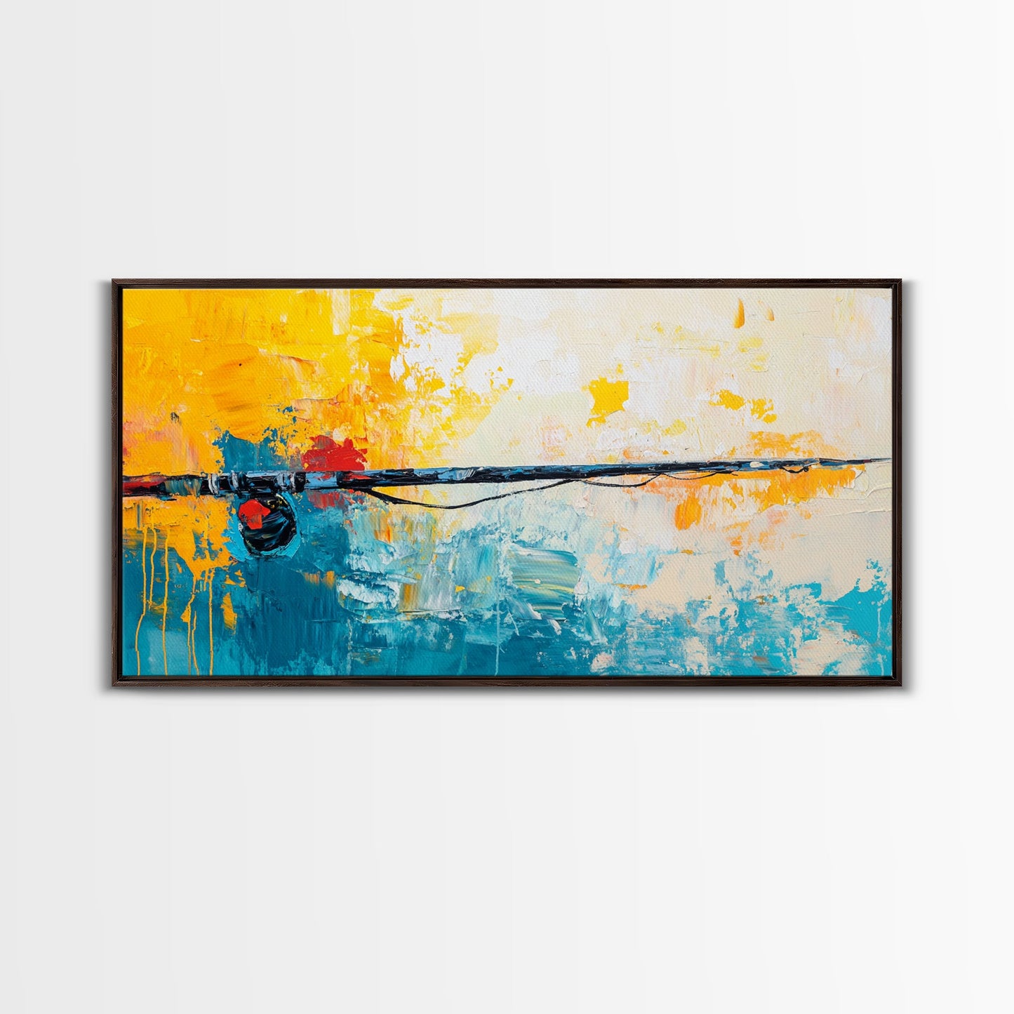 Fishing Rod, fly fishing art, nautical painting, coastal cowgirl wall art, rustic decor, blue and gold wall art, Framed Canvas Print