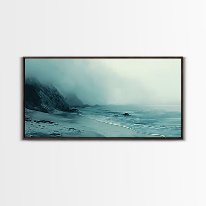 Nebelstrand, Küstenmotiv, maritime Malerei, stimmungsvolle Kunst, extrabreite Kunst, horizontale Wandkunst, Leinwanddruck, Schlafzimmerkunst