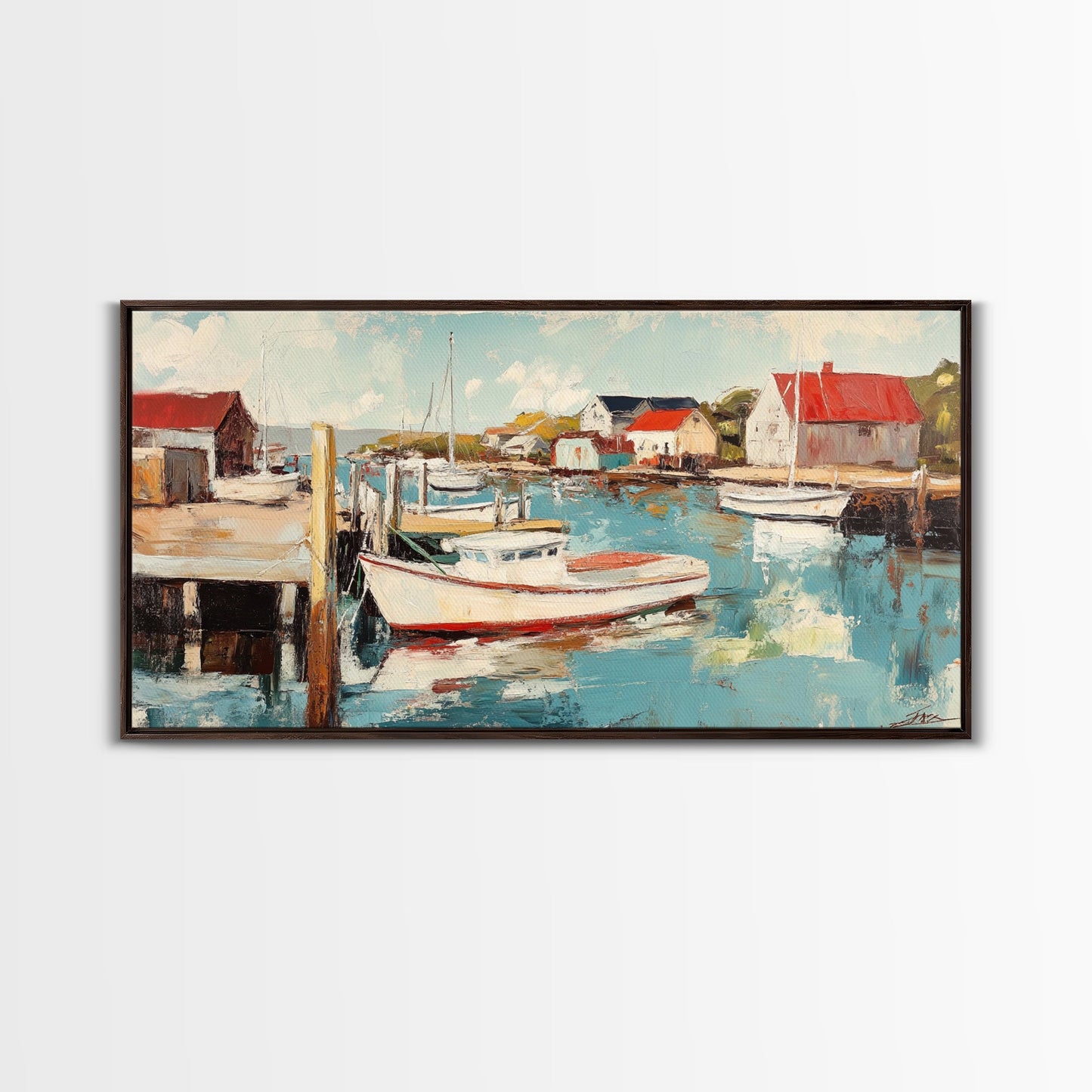 Hafenboote, Gemälde von Nantucket, Küstenmalerei, maritime Wandkunst, Fischergemälde, gerahmter Leinwanddruck, extra breites Kunstwerk