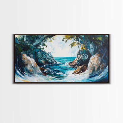 Ocean Cave, coastal landscape art, seascape painting, blue and green wall art, framed canvas print, extra wide art, beach painting