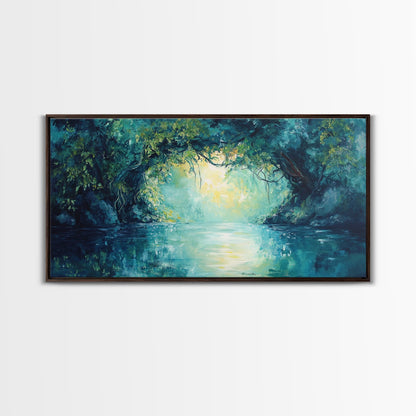 Mystischer Fluss, gerahmter Leinwanddruck, Landschaftsmalerei, stimmungsvolle Kunst, Wald in der Abenddämmerung, türkisfarbenes Wandbild, extra breites Bild