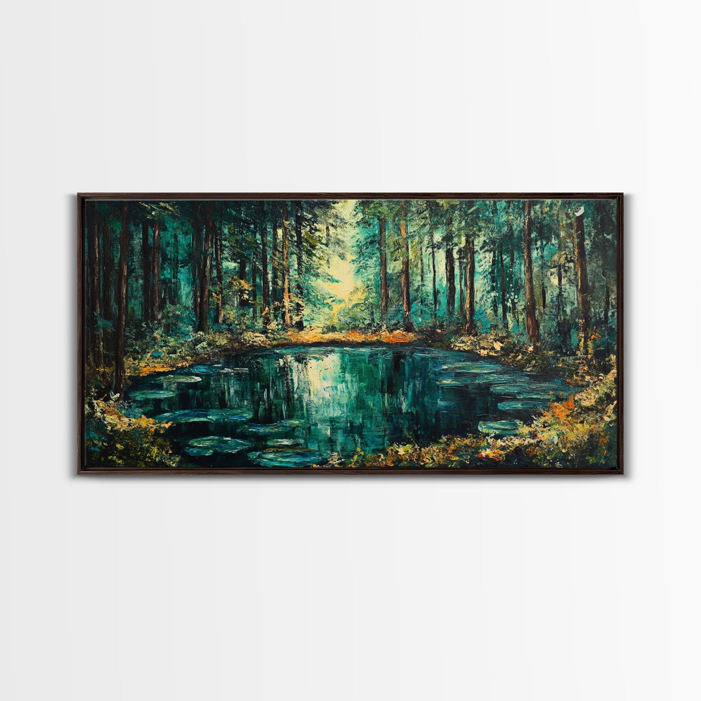 Verzauberter Waldteich, Leinwanddruck, Landschaftsmalerei, Kiefernkunst, Wald in der Abenddämmerung, Kunst vom Lake Tahoe, extra breites Kunstwerk