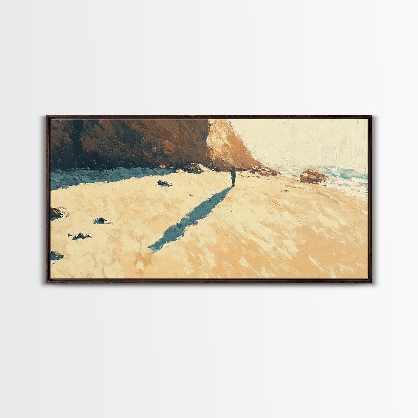 Lone Beach Wanderer, Framed Canvas Print, landscape painting, moody art, wabi sabi wall art, extra wide art, above bed wall art