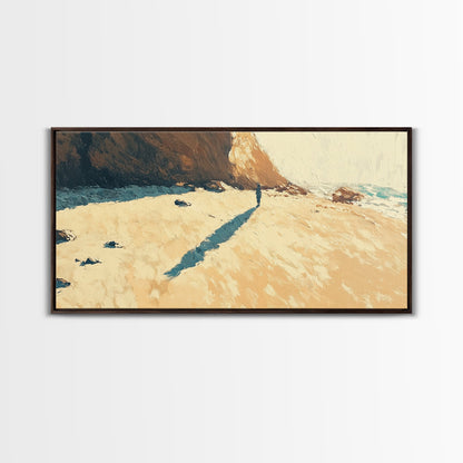 Lone Beach Wanderer, Framed Canvas Print, landscape painting, moody art, wabi sabi wall art, extra wide art, above bed wall art