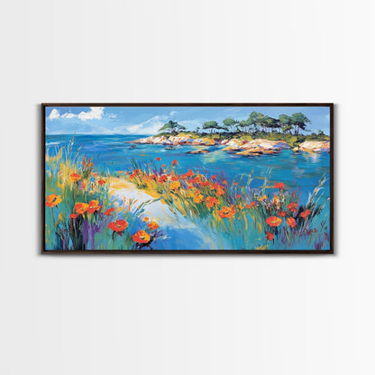 Coastal Poppies, Framed Canvas Print, California poppy art, coastal painting, wildflower painting, seascape art, above bed wall art