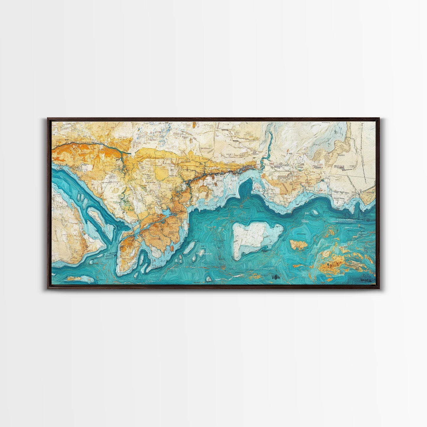 Abstract Map Art, Coastal Decor, Nautical Painting, Extra Wide Art, Framed Canvas Print, Blue and Green Wall Art