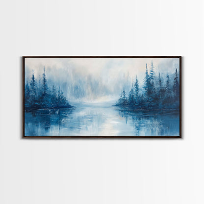 Neblige Seelandschaft, Stimmungsvolle Kunst, Kiefernlandschaft, Landschaftsgemälde, Gerahmter Leinwanddruck, Schlafzimmerkunst, Wandbild über dem Bett