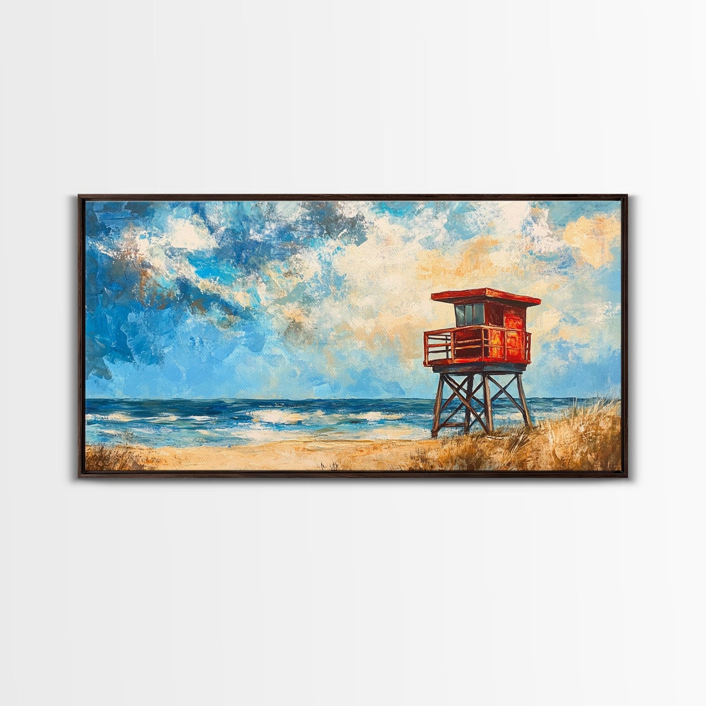 Lifeguard Tower, coastal landscape art, beach painting, seascape painting, nautical wall art, canvas print, horizontal wall art