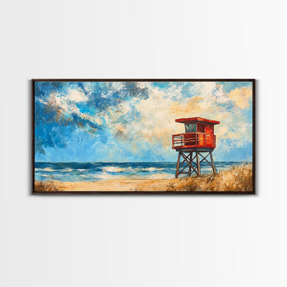 Lifeguard Tower, coastal landscape art, beach painting, seascape painting, nautical wall art, canvas print, horizontal wall art