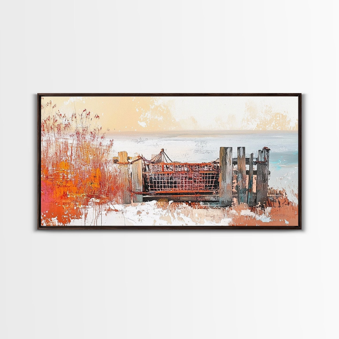 Rustic Dock, coastal decor, rustic art, farmhouse art, seascape painting, nautical painting, framed canvas print, extra wide art