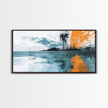 Palm Reflection, tropical coastal art, framed canvas print, coastal cowgirl wall art, panoramic painting, modern abstract art