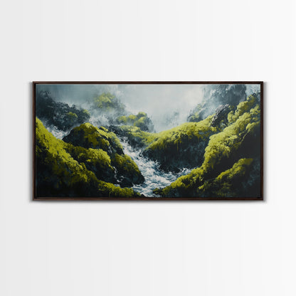 Waterfall Moss, green wall art, framed canvas print, mountain painting, zen wall art, rustic decor, original painting, above couch art