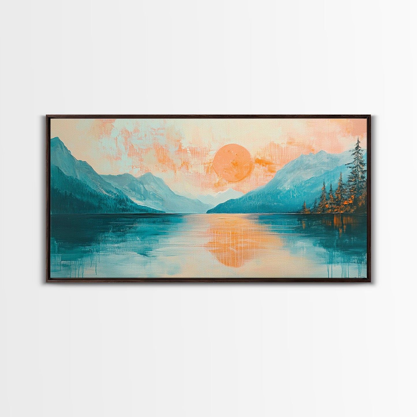 Sunset Lake, Kunst vom Lake Tahoe, gerahmter Leinwanddruck, rosa-orange Wandbild, horizontales Wandbild, Seestück, Küstendeko
