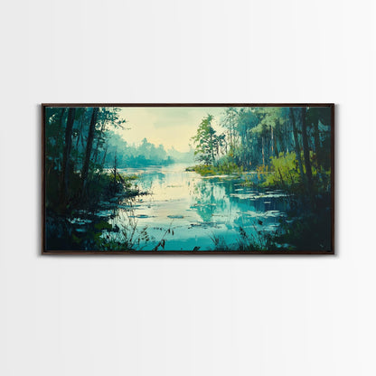Tranquil lake, misty trees, landscape painting, extra wide art, wabi sabi art, minimalist art, framed canvas print, above couch art