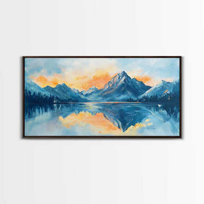 Lake Reflection, Sunset Mountains, Panoramic Art, Framed Canvas Print, Mountain Painting, Lake Art, Horizontal Wall Art, Bedroom Art
