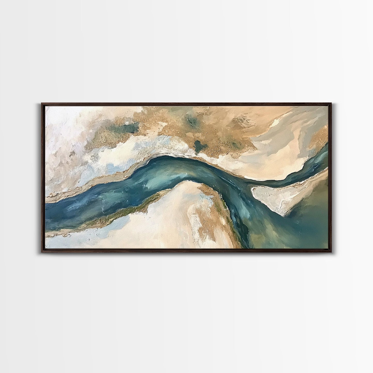 Abstrakter Fluss, neutrale Landschaft, Panoramabild, Leinwanddruck, Wabi-Sabi-Kunst, rustikale Wandkunst, Wandbild für über dem Bett, minimalistische Kunst