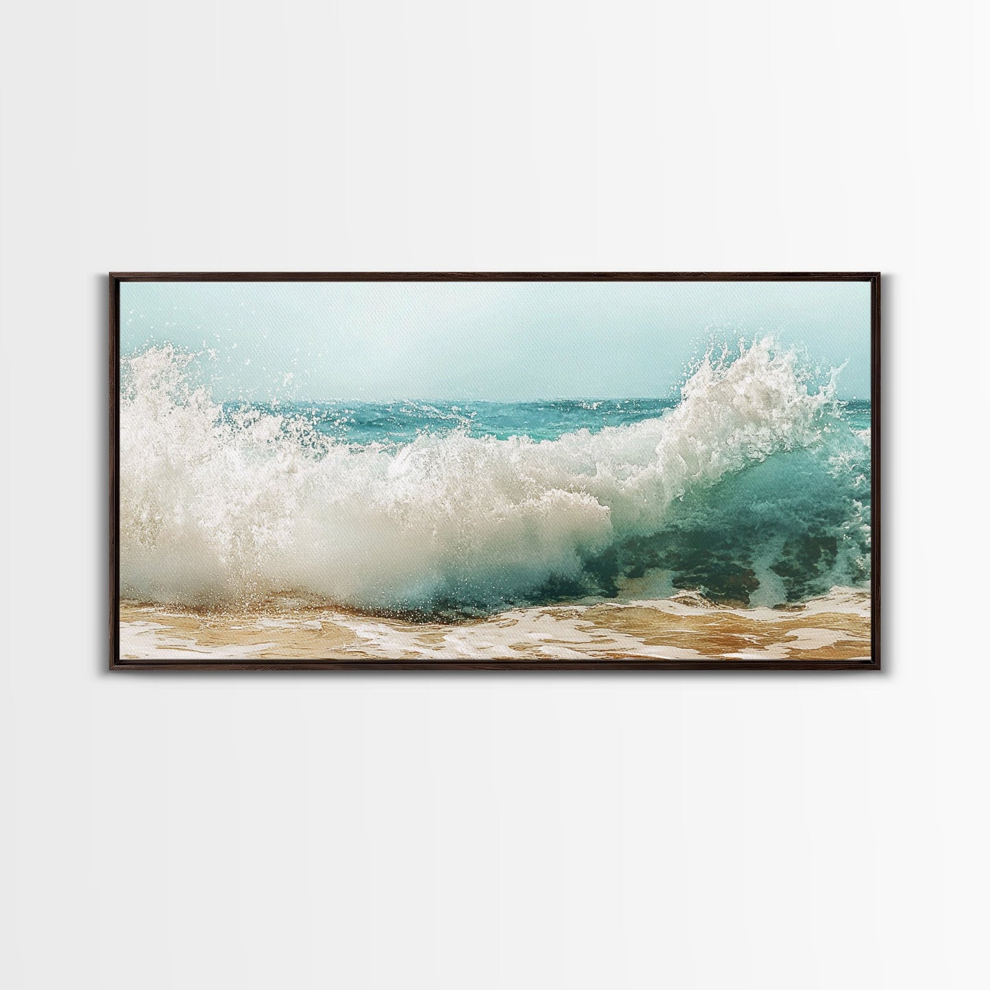 Meereswelle, Strandspritzer, Panoramabild, gerahmter Leinwanddruck, Surf-Wandbild, nautische Dekoration, Küsten-Wandbild, extra breites Bild