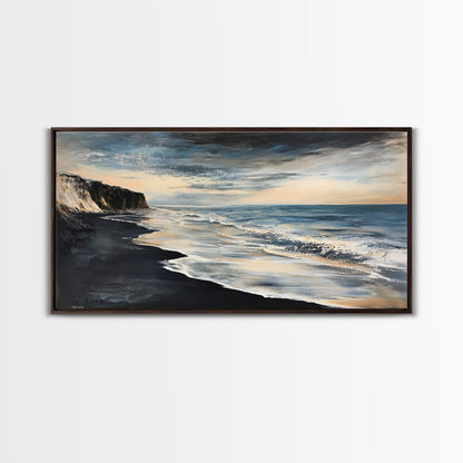 Moody beach, dark ocean, seascape painting, panoramic art, extra wide art, nautical painting, framed canvas print, above sofa art