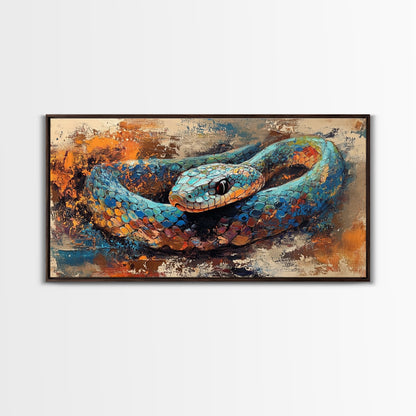 Blue Snake, abstract animal art, framed canvas print, moody art, wildlife painting, bold colors, rustic decor, modern wall art