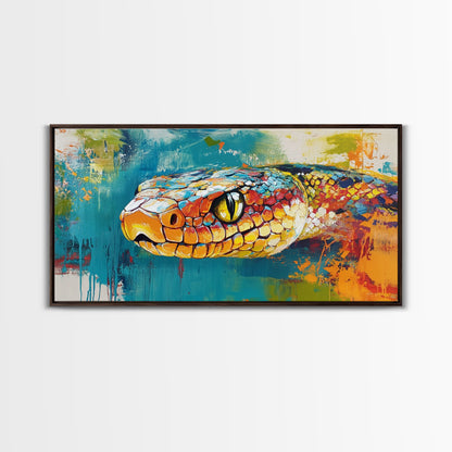 Colorful Snake, wildlife painting, framed canvas print, reptile wall art, bold abstract art, extra wide art, rustic decor