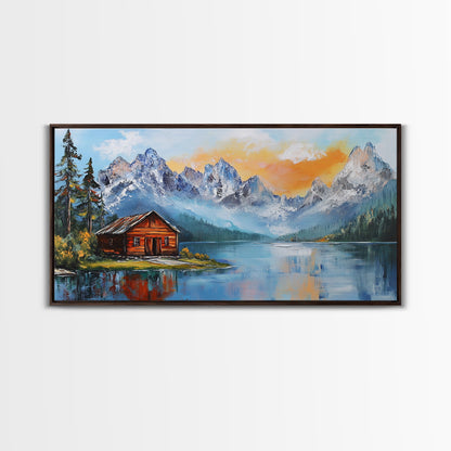 Mountain Cabin, Rustic Art, Lake Tahoe Art, Above Sofa Art, Landscape Painting, Bedroom Art, Framed Canvas Print, Farmhouse Art