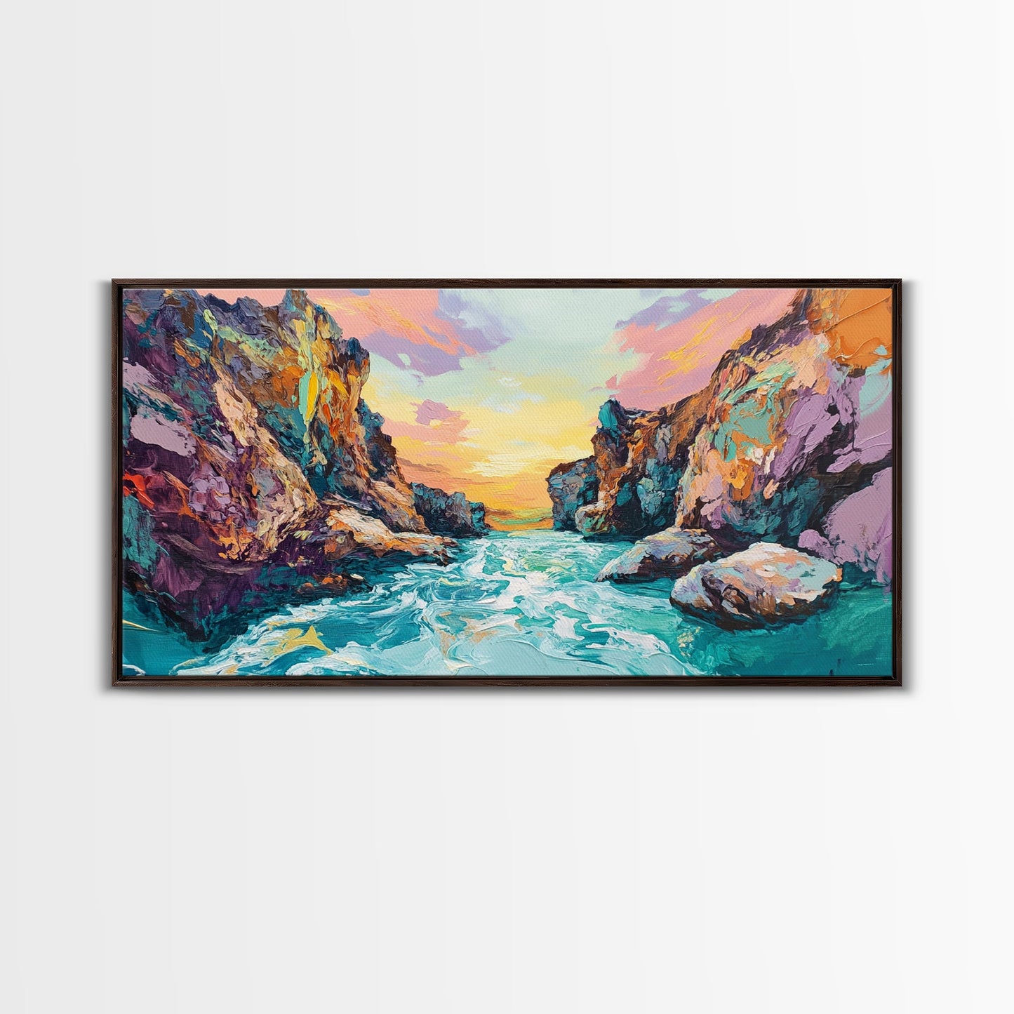 Sonnenuntergang in einer Küstenschlucht, Panoramagemälde, extra breites Kunstwerk, gerahmter Leinwanddruck, Seestück, Wandbild aus dem Südwesten