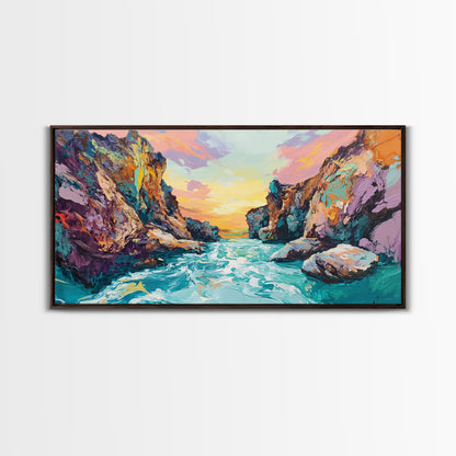 Sonnenuntergang in einer Küstenschlucht, Panoramagemälde, extra breites Kunstwerk, gerahmter Leinwanddruck, Seestück, Wandbild aus dem Südwesten