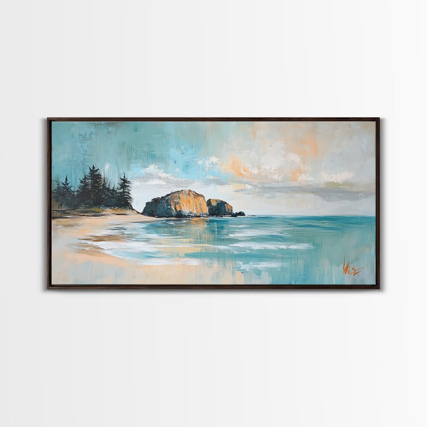 Ruhige Strandlandschaft, gerahmter Leinwanddruck, Küstenmalerei, Seestück, extra breites Kunstwerk, maritime Wandkunst, Schlafzimmerkunst