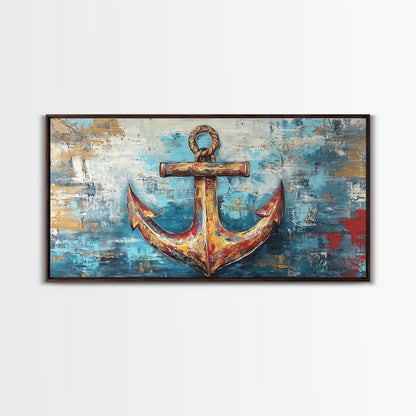 Nautischer Anker, Küstendeko, Rustikale Wandkunst, Extra breites Bild, Nautische Wandkunst, Horizontale Wandkunst, Gerahmter Leinwanddruck, Wohnzimmerkunst