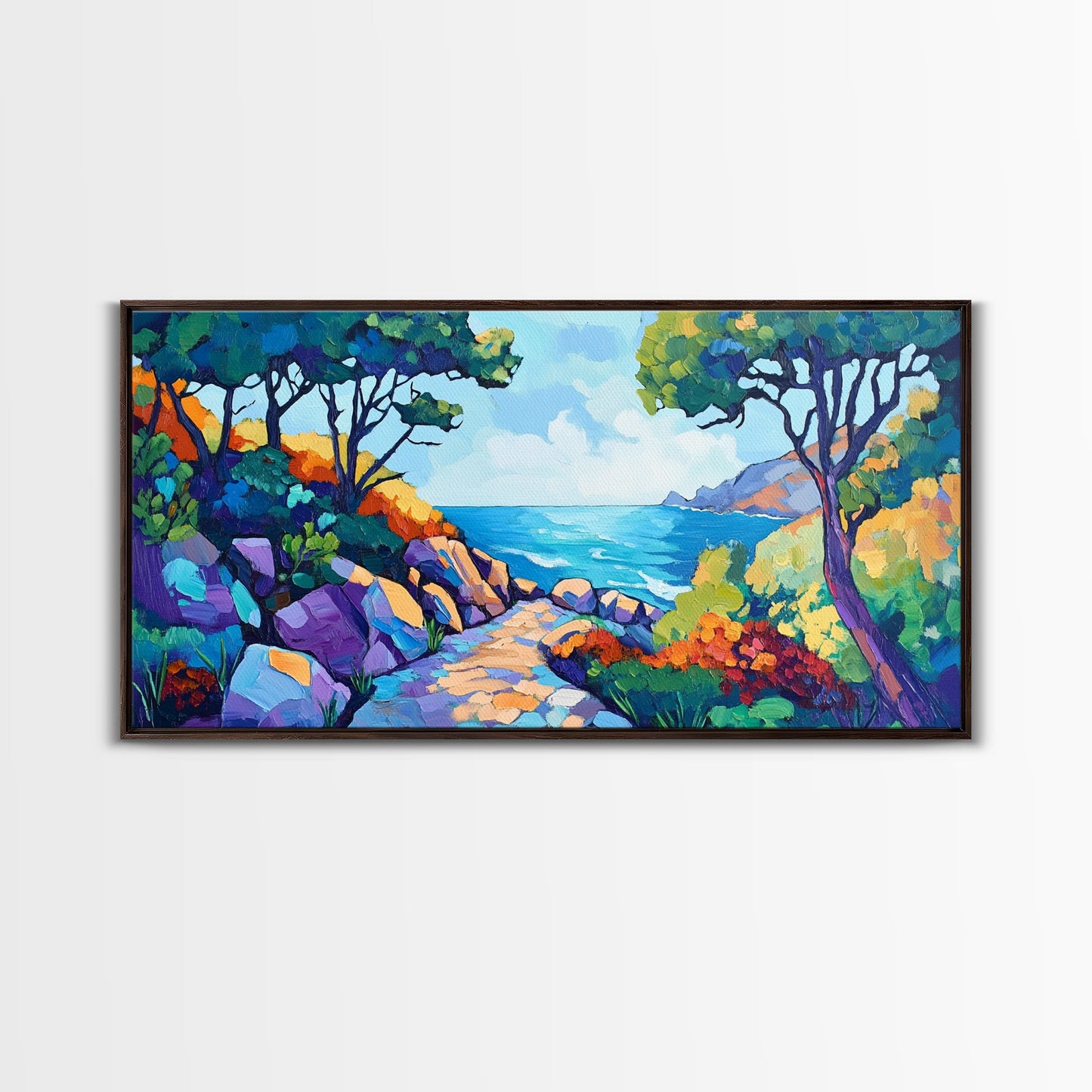 Coastal Pathway, bold colors, impressionist seascape, ocean view, vibrant painting, coastal wall art, Canvas Print, beach decor