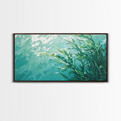 Kunst aus Kelpwäldern, Küstenlandschaften, maritime Wandbilder, gerahmte Leinwanddrucke, vom Meer inspirierte Kunstwerke, Wandbilder in Blau und Grün