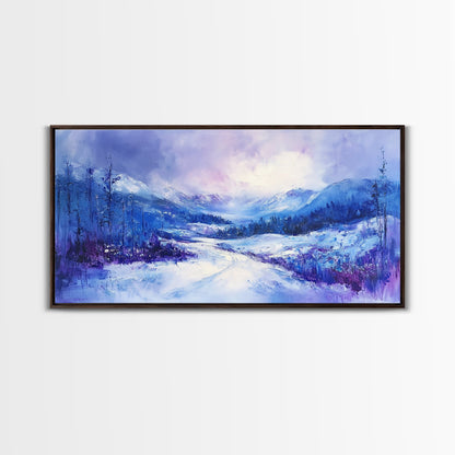 Snowy Mountain Art, Winter Landscape, Framed Canvas Print, Above Couch Art, Panoramic Painting, Mountain Painting