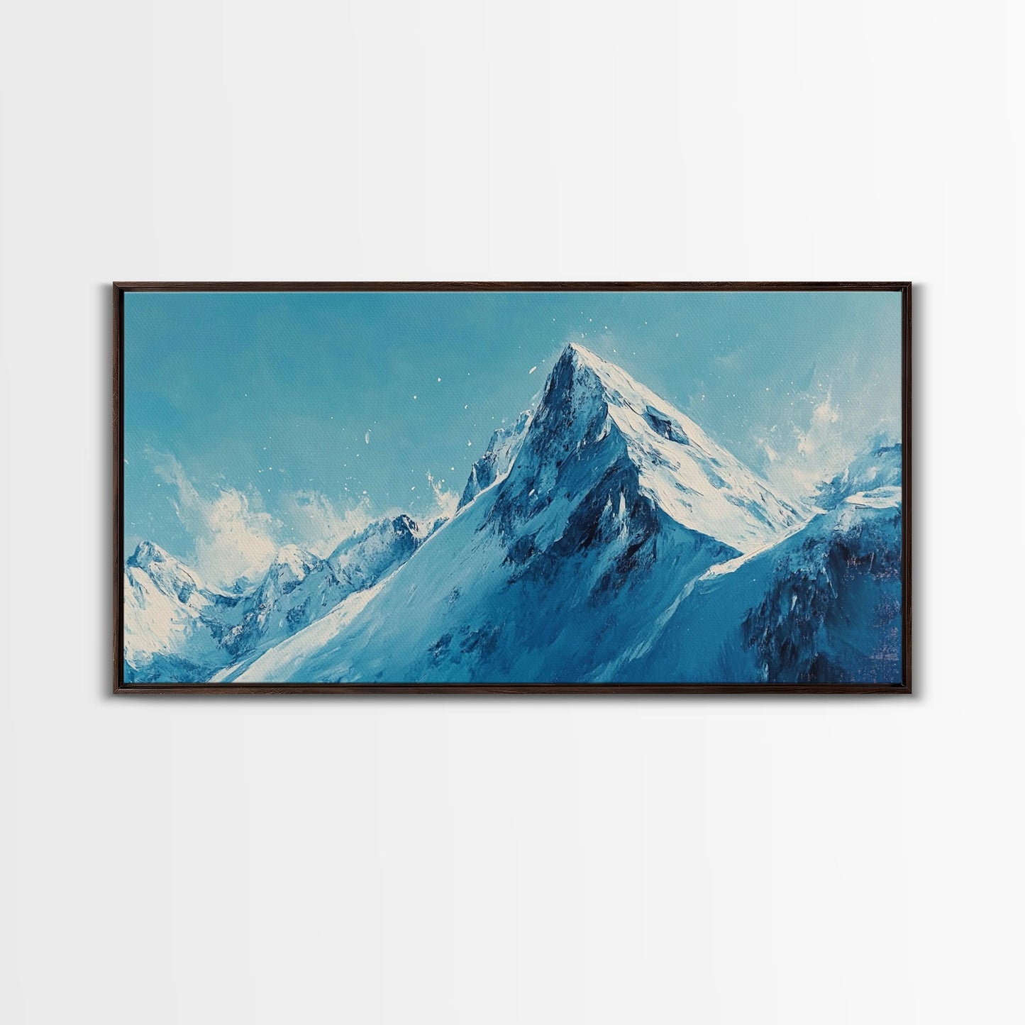Berglandschaft-Malerei, Blau-Weiß-Kunst, Schneebedeckte Gipfel, Gerahmter Leinwanddruck, Rustikale Dekoration, Minimalistische Kunst, Extra breites Kunstwerk