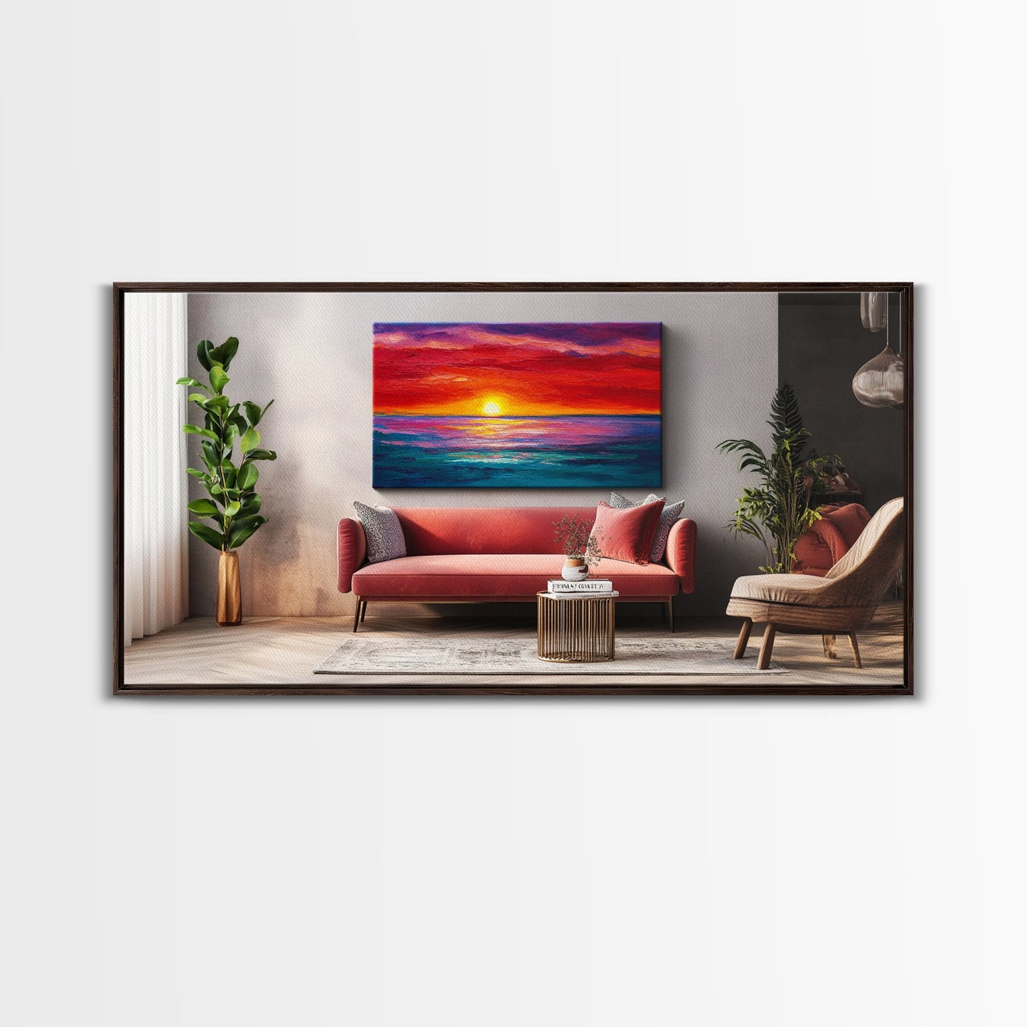 Rote Couch, Sonnenuntergangsgemälde, Kunst für über dem Sofa, Küstenwandkunst, Stranddeko, Panoramabild, gerahmter Leinwanddruck, Wohnzimmerkunst