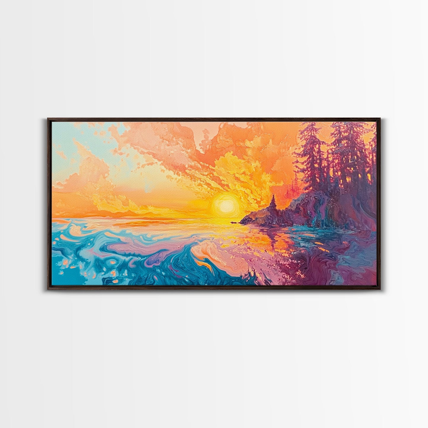 Feuriger Sonnenuntergang, Stimmungsvolle Kunst, Kunst vom Lake Tahoe, Farbenfrohe Landschaft, Wandkunst aus dem Südwesten, Panoramagemälde, Gerahmter Leinwanddruck, Naturkunst