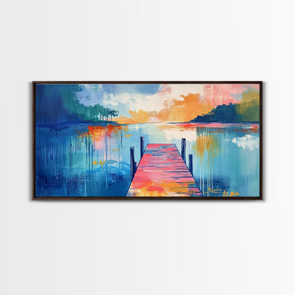 Lake Dock, sunset painting, nautical decor, coastal landscape art, wabi sabi art, extra wide art, rustic decor, Framed Canvas Print
