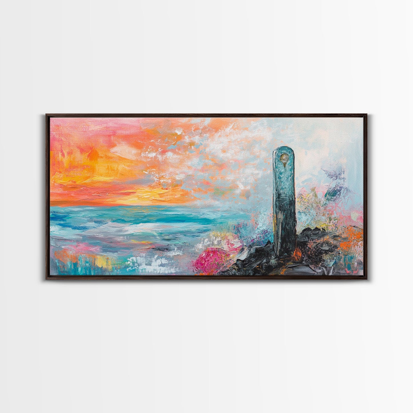Sunset Over Ocean, pink orange wall art, coastal wall art, abstract seascape, vibrant landscape painting, Framed Canvas Print