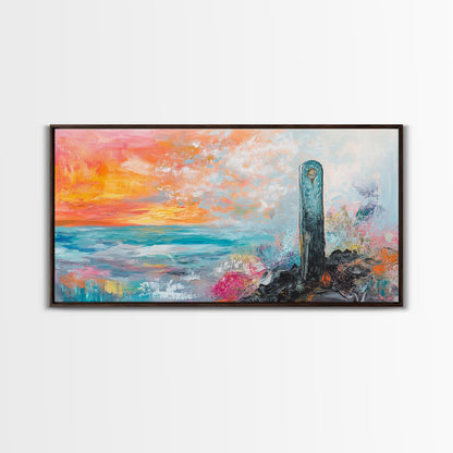 Sunset Over Ocean, pink orange wall art, coastal wall art, abstract seascape, vibrant landscape painting, Framed Canvas Print