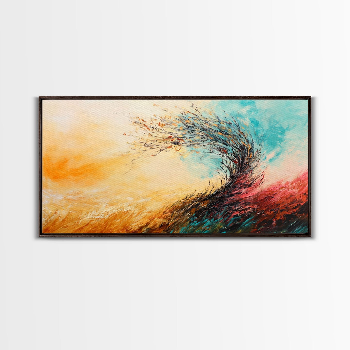 Windiger Herbst, gerahmter Leinwanddruck, Herbstwandbild, abstrakte Landschaft, extra breites Gemälde, Panoramabild, Herbstdekoration