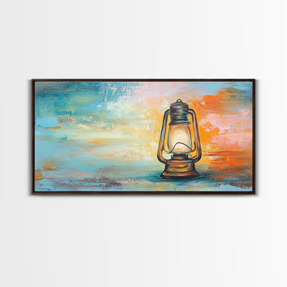 Lantern painting, rustic decor, farmhouse art, boho art, wabi sabi art, warm glow, extra wide art, framed canvas print, moody art