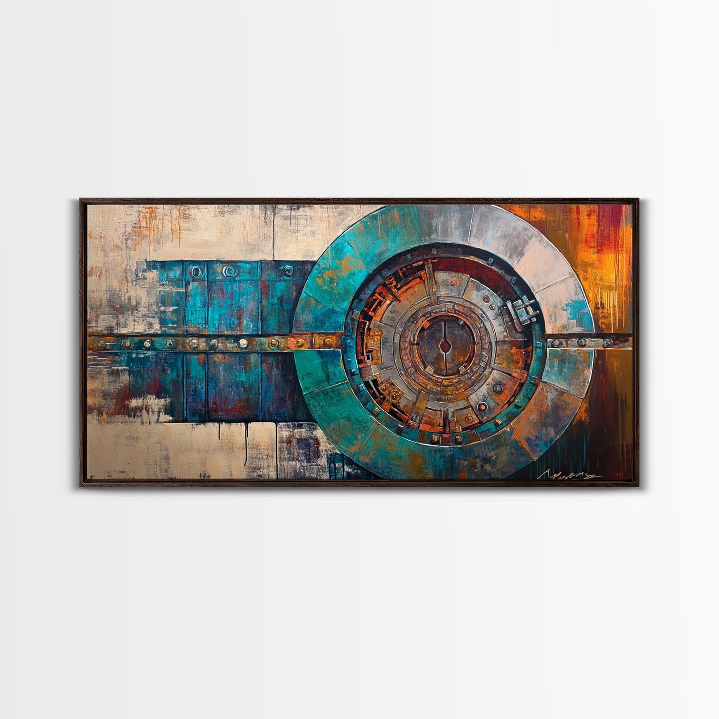 Industrieller Tresorraum, Steampunk-Wandkunst, Mechanische Wandkunst, Extra breite Kunstwerke, Horizontale Wandkunst, Gerahmter Leinwanddruck, Wohnzimmerkunst, Stimmungsvolle Kunst