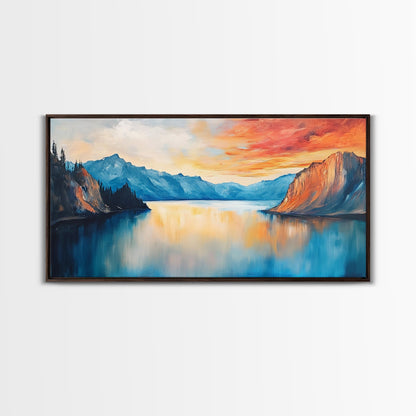Mountain Lake Painting, Landscape Art, Lake Tahoe Art, Smoky Mountain Art, Rustic Decor, Sunset Wall Art, Extra Wide Art, Framed Canvas Print