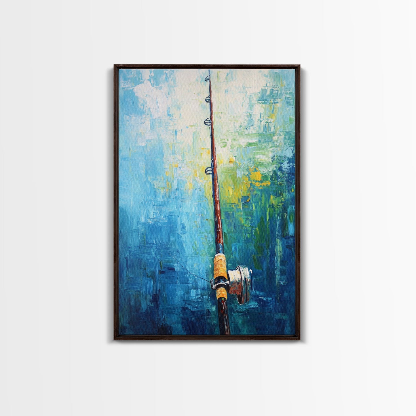 Fishing Rod Painting, Fly Fishing Art, Nautical Wall Art, Outdoor Enthusiast Decor, Rustic Cabin Art, Framed Canvas Print
