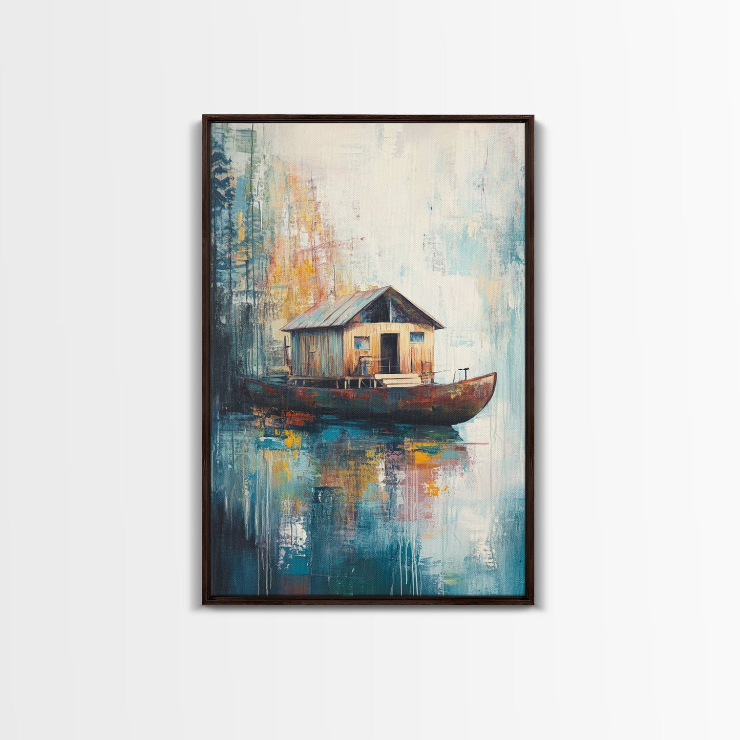 Floating House Painting, Lakefront Scene, Rustic Boat Art, Tranquil Landscape, Water Reflection Art, Framed Canvas Print