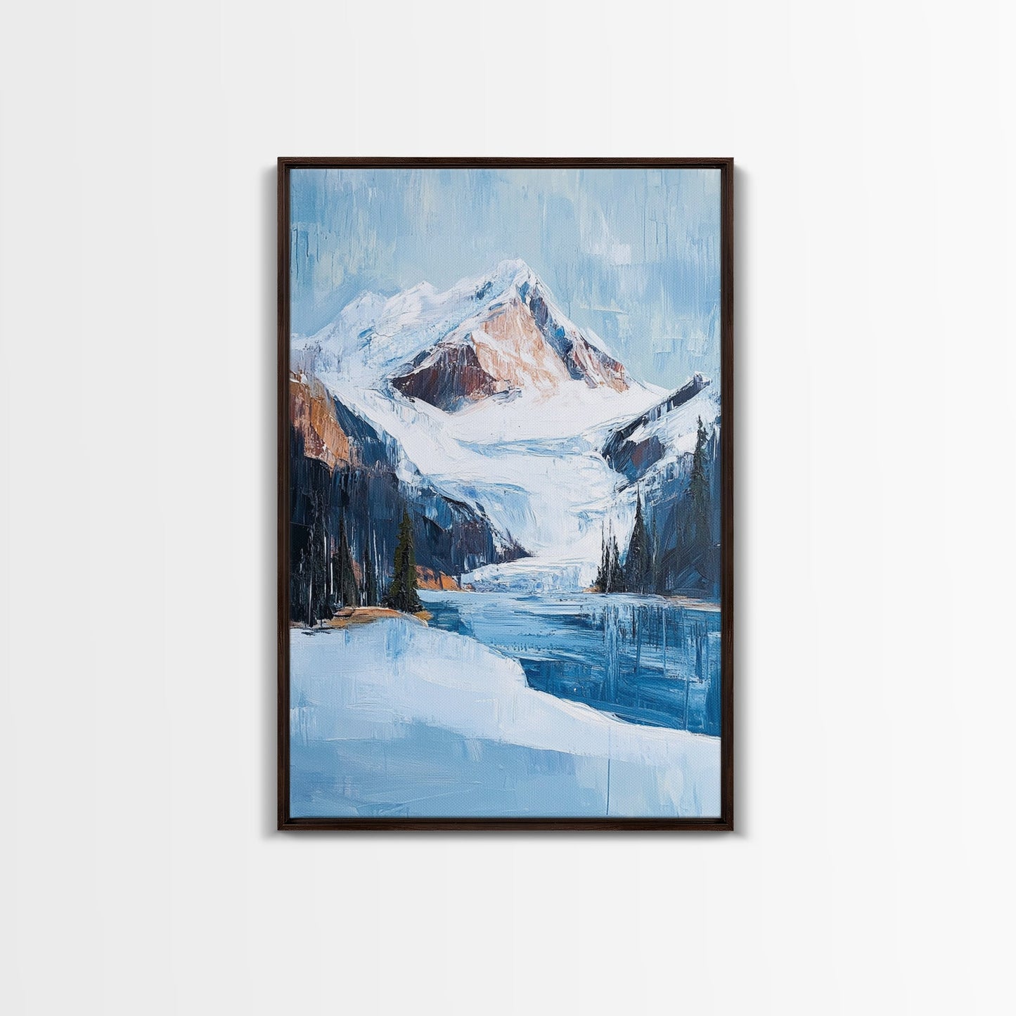 Snowy Mountain Lake, mountain painting, landscape painting, lake Tahoe art, extra wide art, panoramic art, Canvas Print