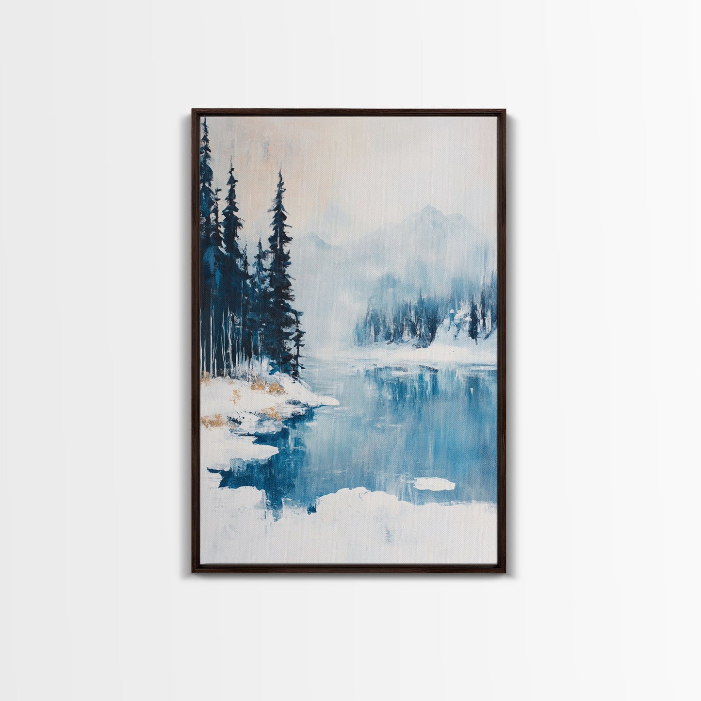 Snowy Mountain Scene, pine tree art, smoky mountain art, landscape painting, framed canvas print, rustic wall art, above sofa art