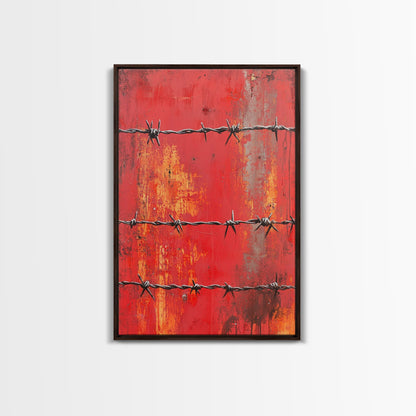 Barbed Wire, Chicano Art, Industrial Wall Art, Rustic Decor, Moody Art, Red Abstract Art, Framed Canvas Print, Gift Idea