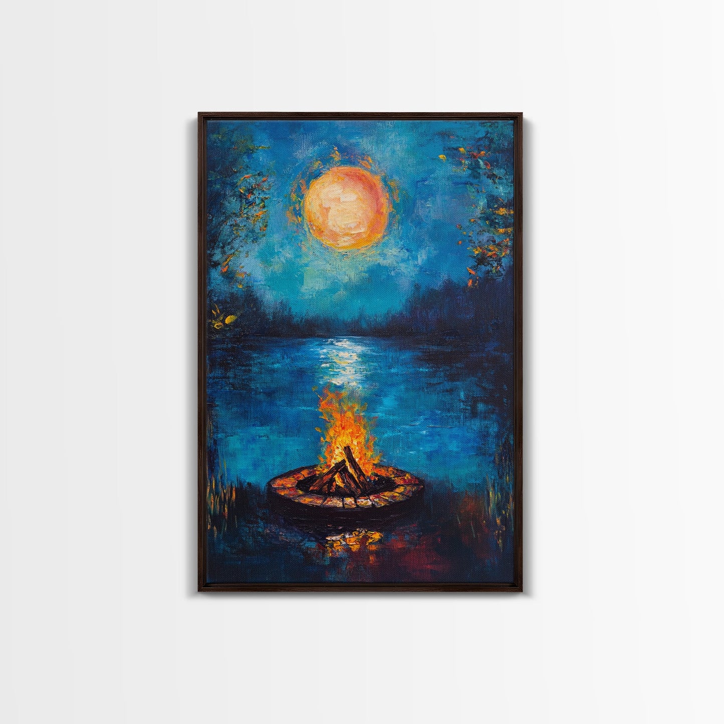 Campfire, Moonlight, Reflection, Framed Canvas Print, landscape painting, moody art, rustic wall art, blue and green wall art, bedroom art