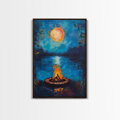 Campfire, Moonlight, Reflection, Framed Canvas Print, landscape painting, moody art, rustic wall art, blue and green wall art, bedroom art