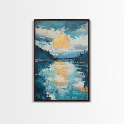 Moon Oil Painting, Smoky Mountain Art, Wabi Sabi Wall Art, Framed Canvas Print, Moody Art, Blue and Green Wall Art, Above Sofa Art